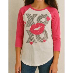 Rocker Girl All Access Girls Top Sz S (3/5) Pink White XOXO Lips Y2K High Low